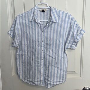Blue and White Cotton Blend Boxy Button Down Shirt